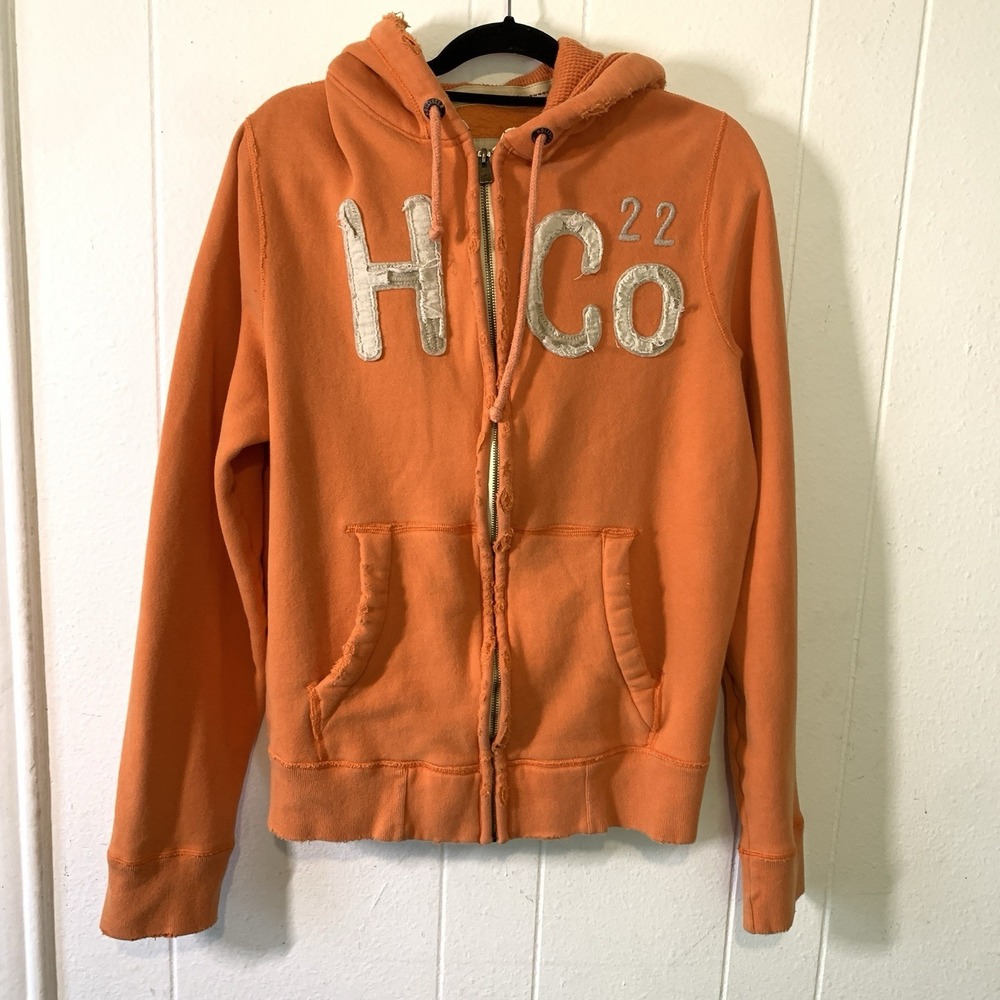 Vtg Hollister Mens XL Hoodie Full Zip Orange Highly Distressed Preppy